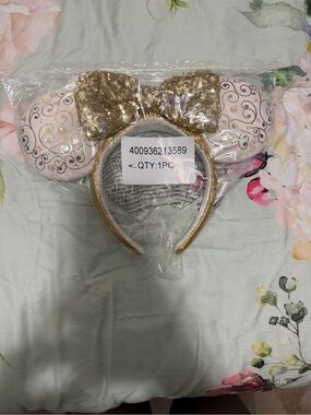 Disney Gold Sequin Bow Pink Ear Headband